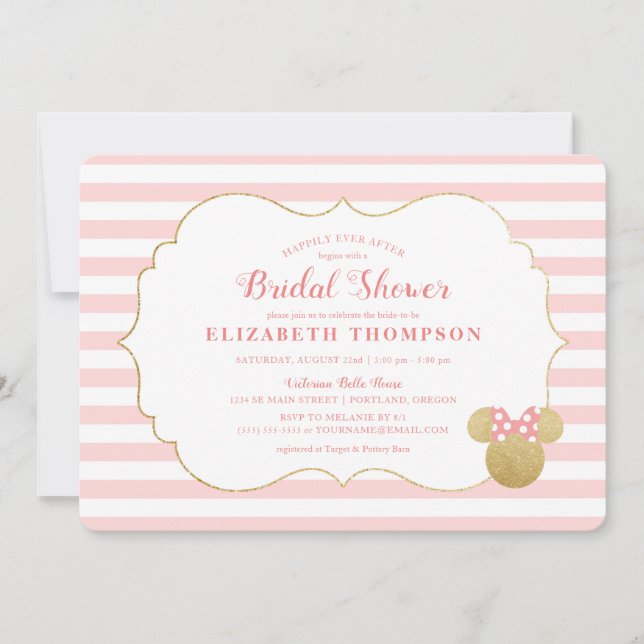 Invitation Minnie | Fête des mariées à rayures or et rose (Devant)