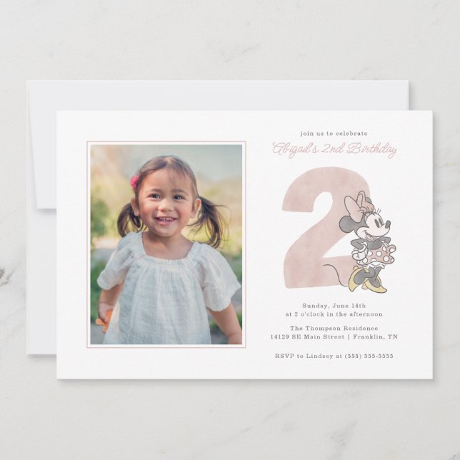 Invitation Minnie Mouse aquarelle deuxième anniversaire - Pho (Devant)