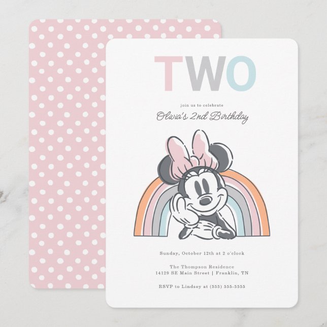 Invitation Minnie Mouse Arc-en-ciel Aquarelle 2e anniversaire (Devant / Derrière)