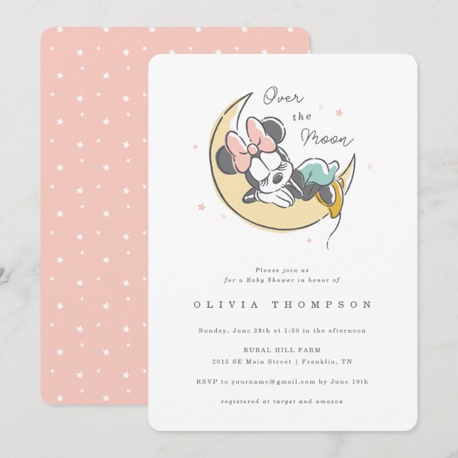 Invitation Minnie Mouse | Au-dessus de la lune - Baby shower  (Devant / Derrière)