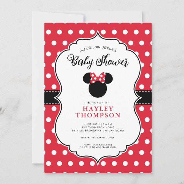 Invitation Minnie Mouse | Baby shower à points polka rouge et (Devant)
