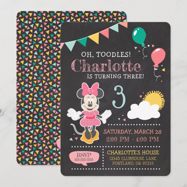 Invitation Minnie Mouse Birthday Chalkboard 3ème anniversaire (Devant / Derrière)