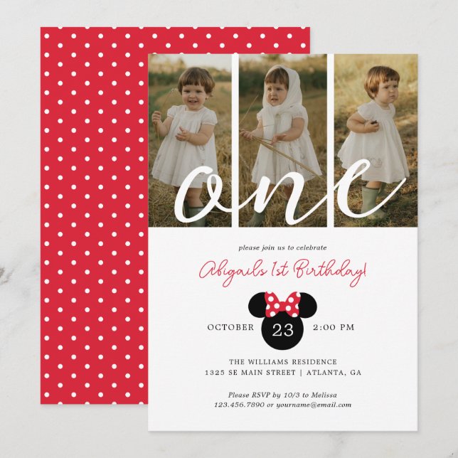 Invitation Minnie Mouse Bow 1er anniversaire | Collage de pho (Devant / Derrière)