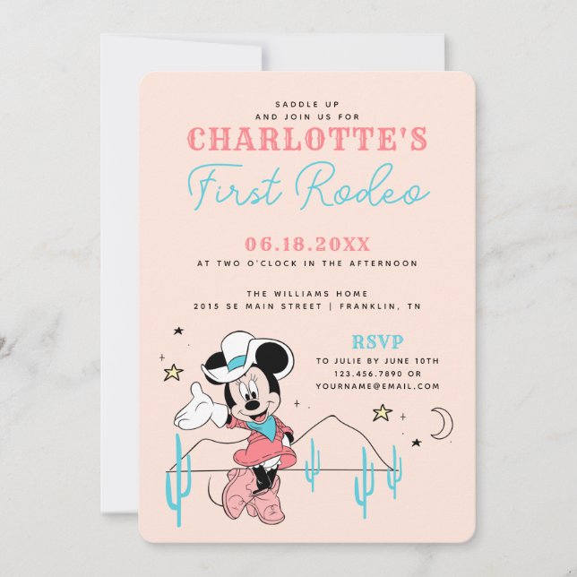 Invitation Minnie Mouse | Cowboy 1st Rodeo Anniversaire (Devant)