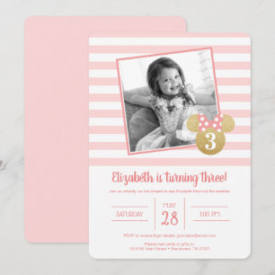 Invitation Minnie Mouse   Or et rose Faux Or Anniversaire