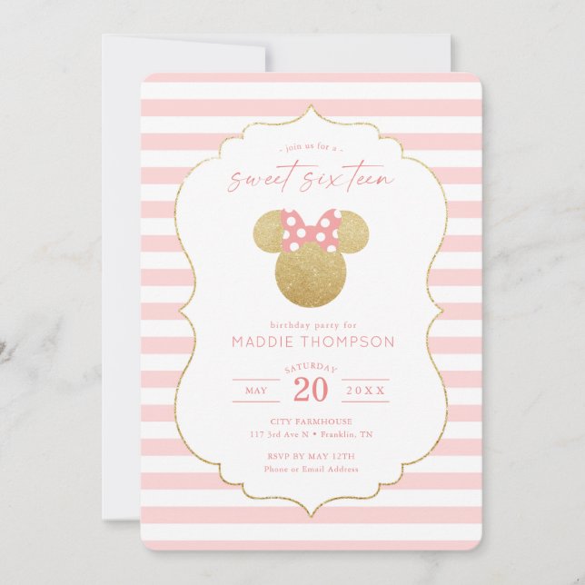 Invitation Minnie Mouse | Or et Sweet sixteen rose Seize (Devant)
