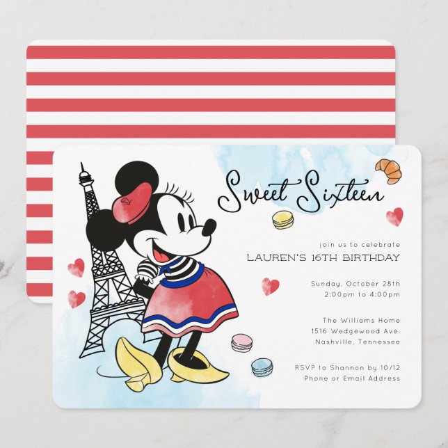 Invitation Minnie Mouse Paris Sweet sixteen fille (Devant / Derrière)
