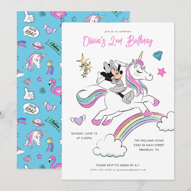 Invitation Minnie Mouse | Rainbow Unicorn Girls Birthday (Devant / Derrière)