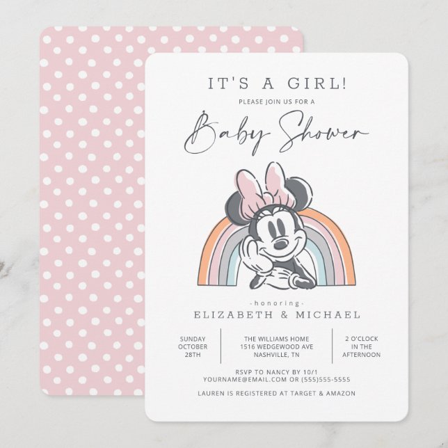 Invitation Minnie Mouse Rainbow Watercolor Baby shower (Devant / Derrière)