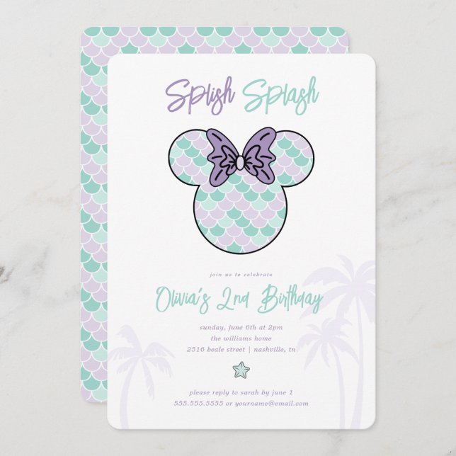 Invitation Minnie Mouse | Sirène Anniversaire Bleu Turquoise  (Devant / Derrière)