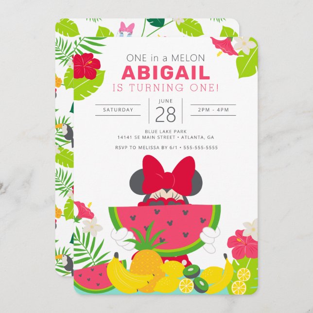 Invitation Minnie Mouse | Un dans un Melon 1er anniversaire (Devant / Derrière)