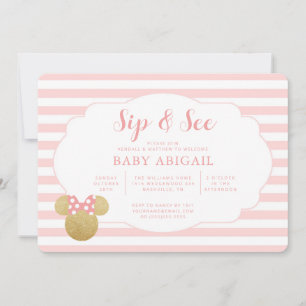 Invitation Minnie   Pailleté Rose et Or Faux Sip and See
