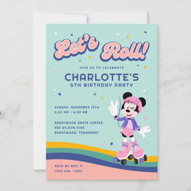 Invitation Minnie Souris Patinage à rouleaux pour fille Anniv (Devant)