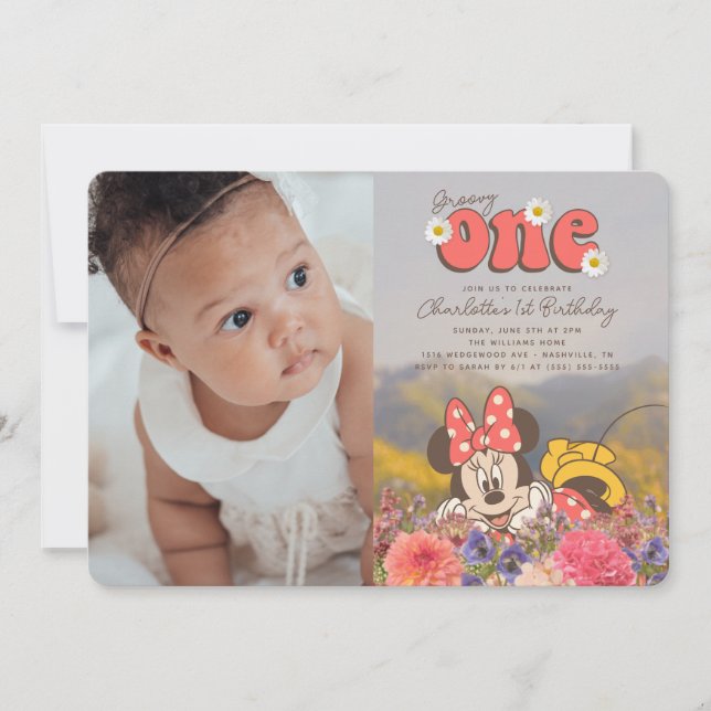 Invitation Minnie Souris Rétro Super Un Anniversaire - Photo (Devant)