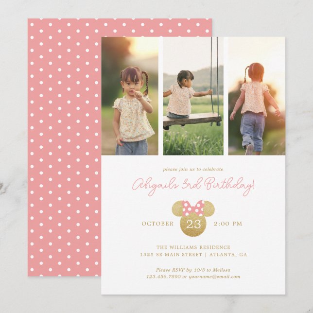 Invitation Minnie Souris rose et or Anniversaire | Collage de (Devant / Derrière)