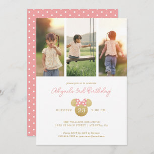 Invitation Minnie Souris rose et or Anniversaire   Collage de