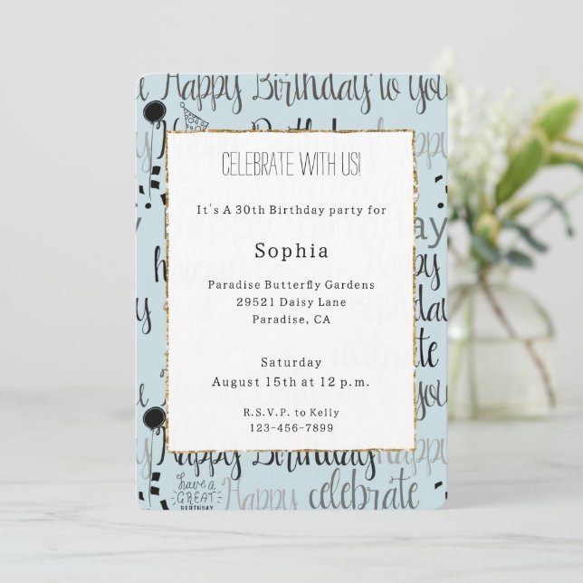 Invitation Mint Birthday Celebration Balloons Confetti  (Debout devant)