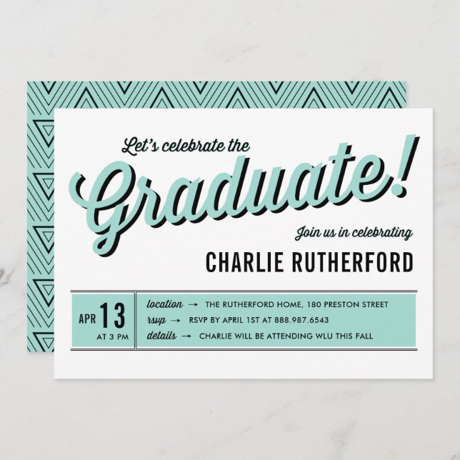 Invitation Mint Blue Diner Retro Typographie Graduation Party (Devant / Derrière)