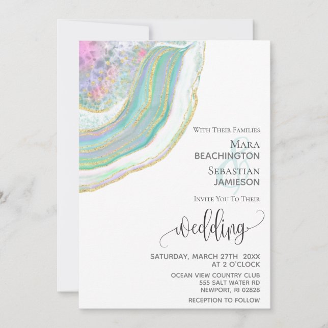Invitation *~* Mint Blue Gold Parties scintillant Agate AR5 M (Devant)