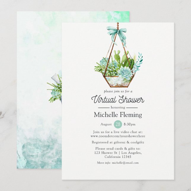 Invitation Mint Glass Terrarium Virtual Baby ou Fête des mari (Devant / Derrière)
