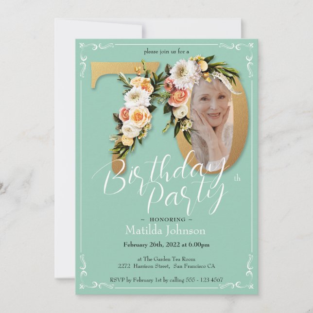 Invitation Mint Gold Custom Photo Floral Boho 70e anniversair (Devant)