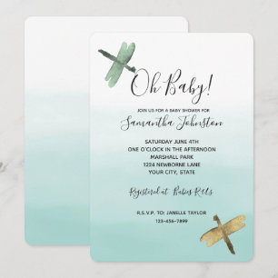 Invitation Mint Gold Dragonlies Ombre Aquarelle