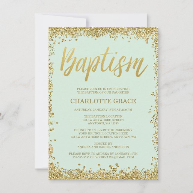 Invitation Mint Gold Faux Parties scintillant Baptême Invitat (Devant)