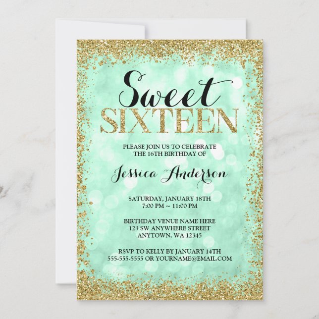 Invitation Mint Gold Faux Parties scintillant Lumières Sweet  (Devant)