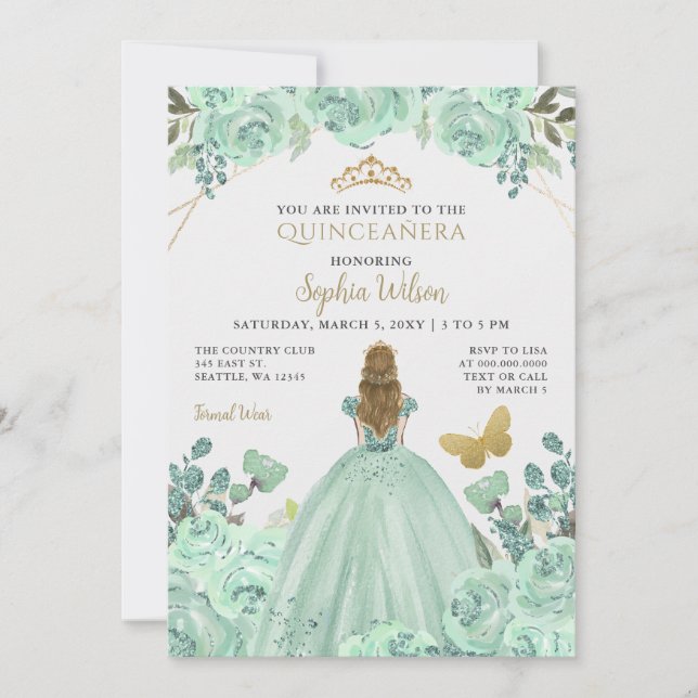 Invitation Mint Gold Floral Princess Quinceañera Quince (Devant)