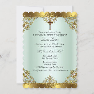 Invitation Mint Gold Pearl Damask Cross Baptism Christening 3