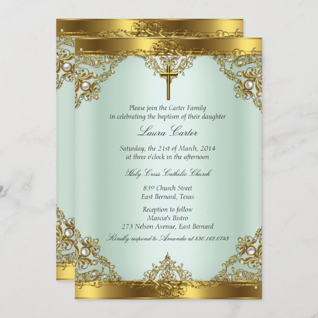 Invitation Mint Gold Pearl Damask Cross Baptism Christening 3 (Devant / Derrière)