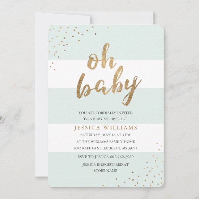 Invitation Mint & Gold Stripes Confetti Oh Baby shower Invita (Devant)