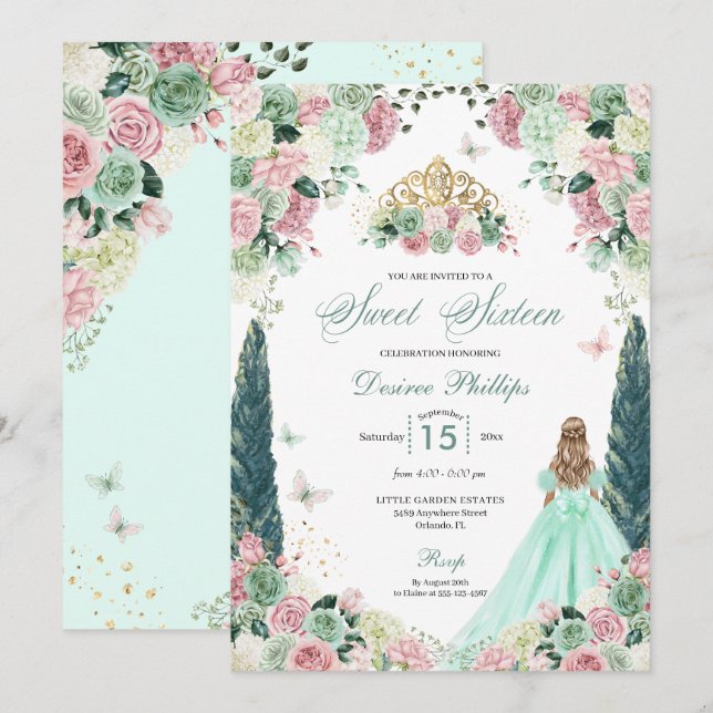 Invitation Mint Green & Blush Enchanted Garden Sweet sixteen (Devant / Derrière)