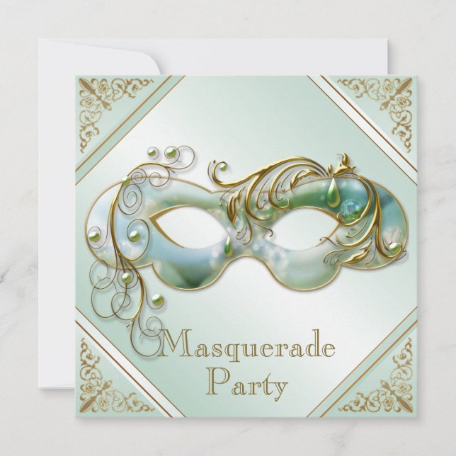 Invitation Mint Green de masquerade de masques Gold Flourds (Devant)