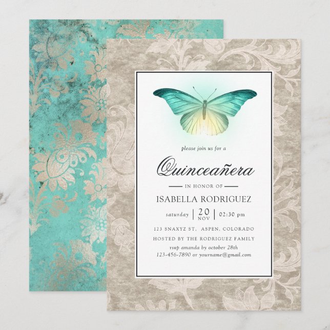 Invitation Mint Green et Pearl Damask Quinceañera (Devant / Derrière)