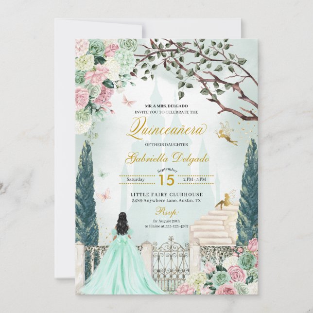Invitation Mint Green Fairytale Jardin enchanté Quinceanera (Devant)