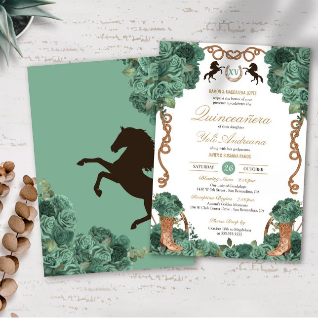 Invitation Mint Green Floral Ouest Charro Ranch Quinceanera (Créateur téléchargé)