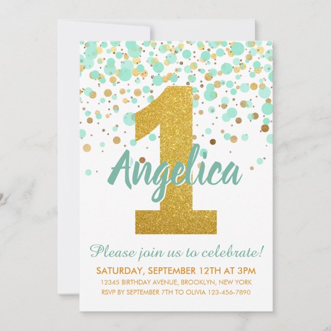Invitation Mint Green Gold 1er anniversaire Confetti Annivers (Devant)