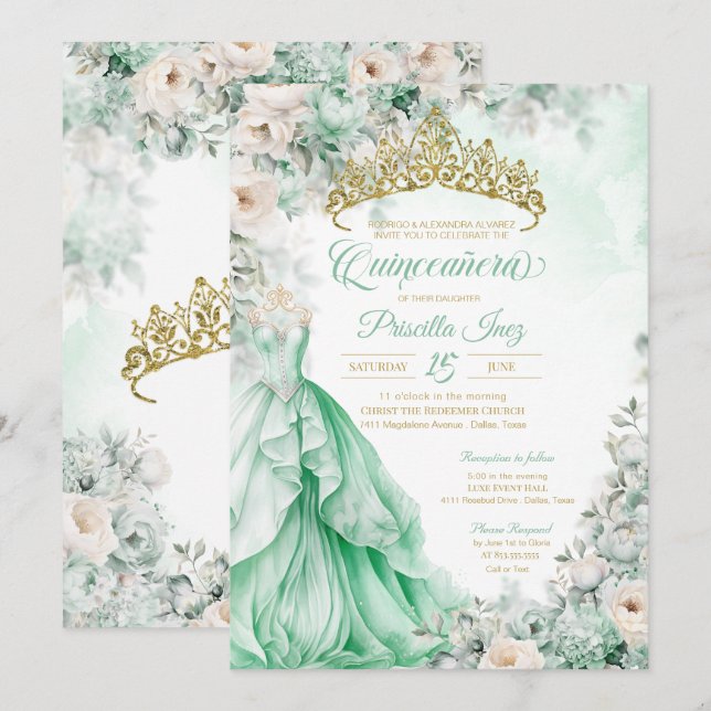 Invitation Mint Green Gold Élégante Princesse Quinceañera (Devant / Derrière)