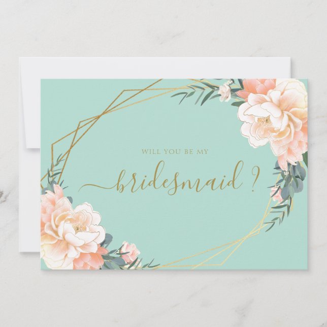 Invitation Mint Green Gold Floral Serez-Vous Ma Femme D'Accue (Devant)