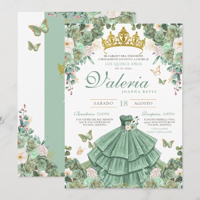Invitation Mint Green Gold Rose Élégante Princesse Quinceaner (Devant / Derrière)