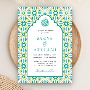 Invitation Mint Green Mosaic Perse QR Code Musulman Mariage