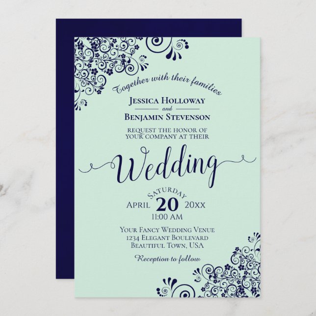 Invitation Mint Green & Navy Blue Lace Frils Mariage (Devant / Derrière)