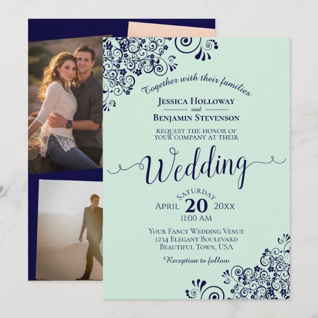 Invitation Mint Green & Navy Blue Lace Photo Collage Mariage (Devant / Derrière)
