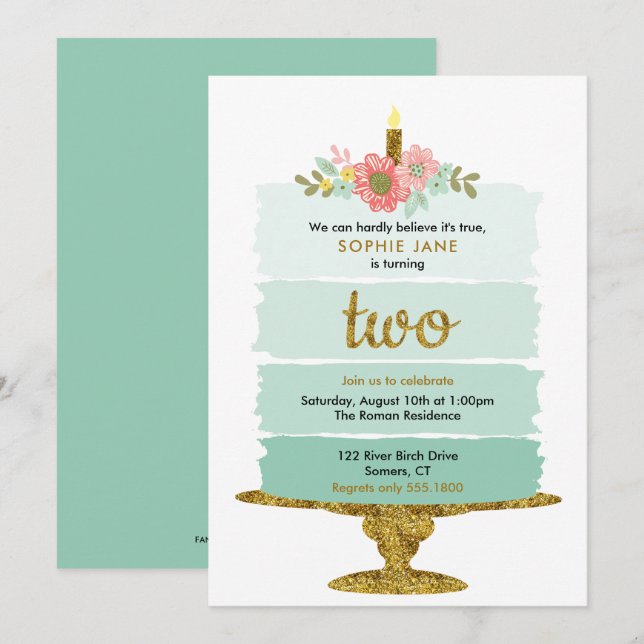 Invitation Mint Green Ombre Cake 2e anniversaire Deux (Devant / Derrière)