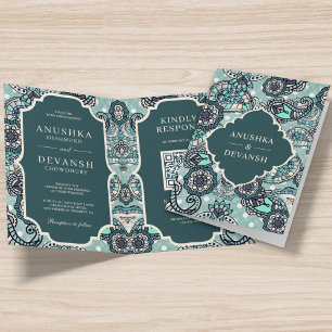 Invitation Mint Green Paisley Motif QR Code Indien Mariage