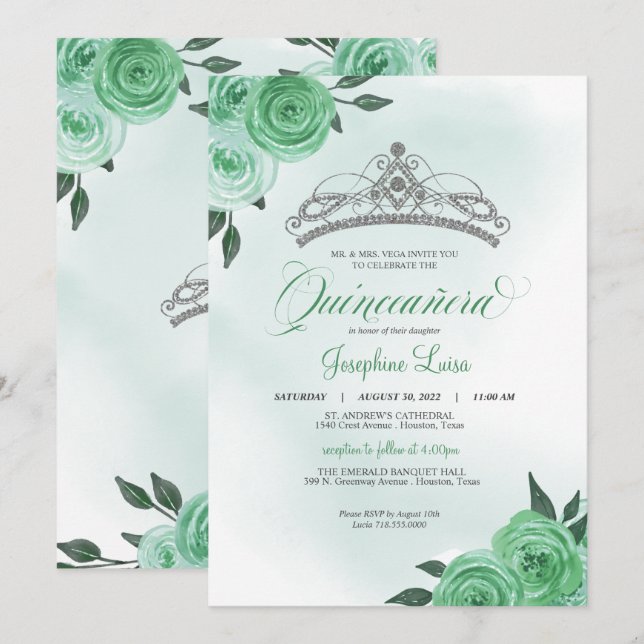 Invitation Mint Green Roses Argent Tiara Quinceañera Annivers (Devant / Derrière)