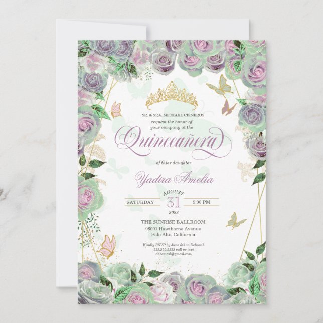 Invitation Mint Green Roses Élégant Papillon Quinceanera dans (Devant)