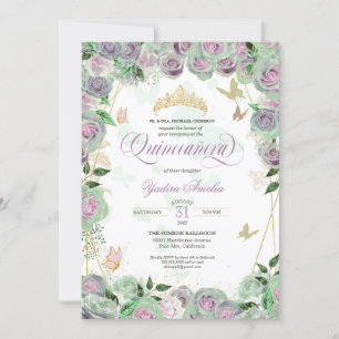 Invitation Mint Green Roses Élégant Papillon Quinceanera dans