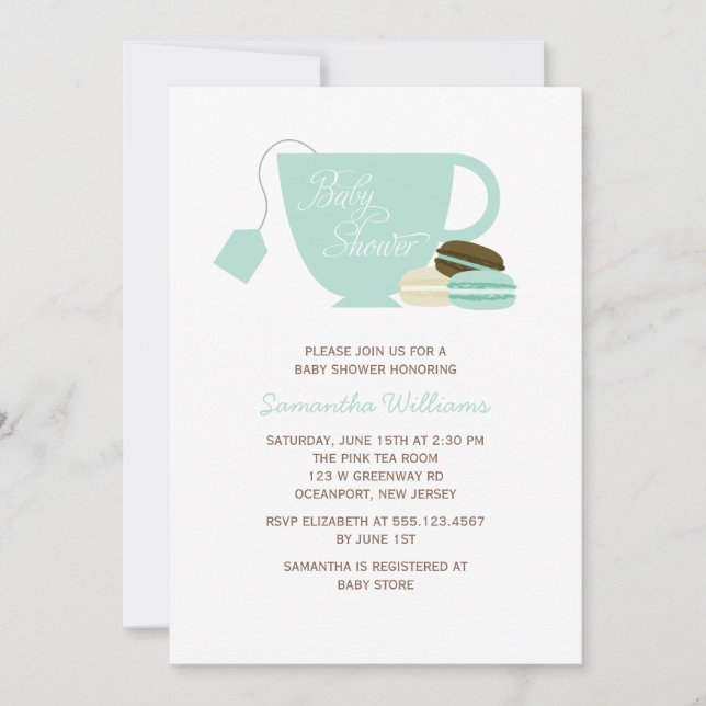 Invitation Mint Green Tea Cup et Macarons Baby shower (Devant)